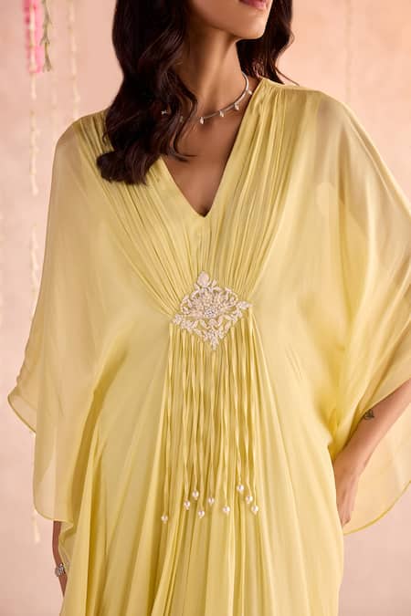 Buy Seema Thukral Yellow Chiffon, Satin Tassels, Embroidery V-neck Embellished Draped Kaftan With Online at Aza Fashions Buy_Seema Thukral_Yellow Chiffon, Satin Tassels, Embroidery V-neck Embellished Draped Kaftan With _Online_at_Aza_Fashions