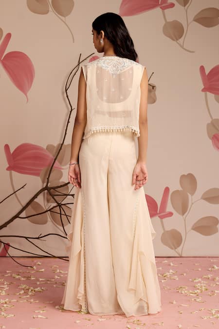 Shop Seema Thukral Ivory Organza, Georgette, Satin Open Neck, Embellished Jacket And Sharara Set at Aza Fashions Shop_Seema Thukral_Ivory Organza, Georgette, Satin Open Neck, Embellished Jacket And Sharara Set _at_Aza_Fashions