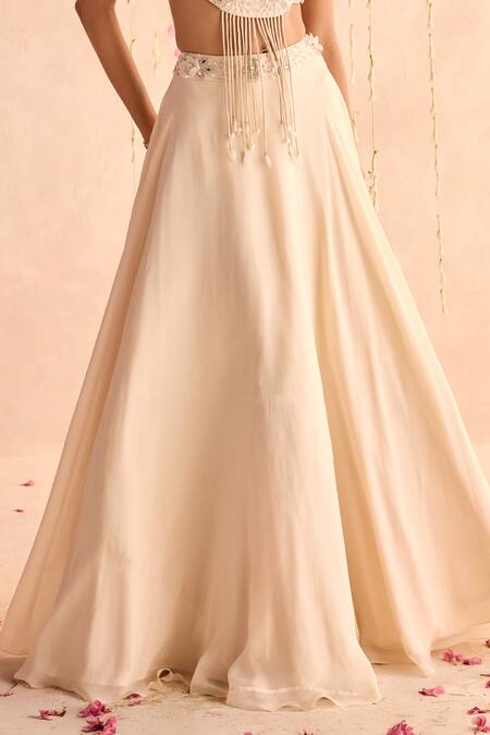 Seema Thukral_Ivory Georgette, Organza Tassels Round Neck Embellished Blouse And Lehenga Set _Online_at_Aza_Fashions