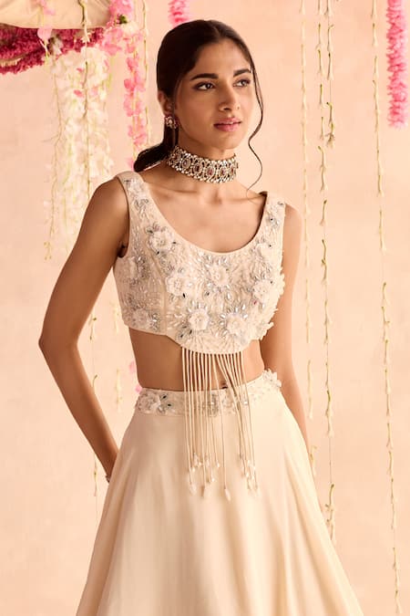 Shop_Seema Thukral_Ivory Georgette, Organza Tassels Round Neck Embellished Blouse And Lehenga Set _at_Aza_Fashions