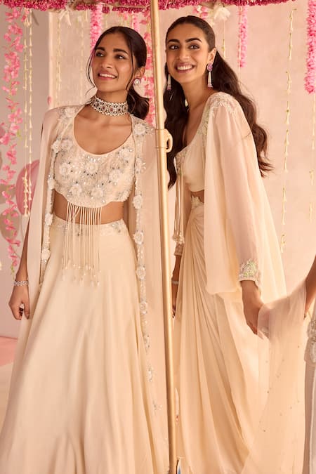 Seema Thukral Ivory Georgette Pearls Round Neck Embellished Blouse And Draped Skirt Set Online at Aza Fashions Seema Thukral_Ivory Georgette Pearls Round Neck Embellished Blouse And Draped Skirt Set _Online_at_Aza_Fashions