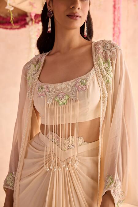 Shop Seema Thukral Ivory Georgette Pearls Round Neck Embellished Blouse And Draped Skirt Set Online at Aza Fashions Shop_Seema Thukral_Ivory Georgette Pearls Round Neck Embellished Blouse And Draped Skirt Set _Online_at_Aza_Fashions