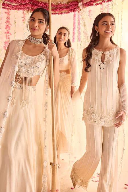 Buy Seema Thukral Ivory Georgette Pearls Round Neck Embellished Blouse And Draped Skirt Set Buy_Seema Thukral_Ivory Georgette Pearls Round Neck Embellished Blouse And Draped Skirt Set