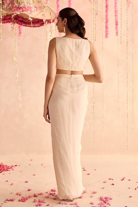 Shop Seema Thukral Ivory Georgette Pearls Round Neck Embellished Blouse And Draped Skirt Set at Aza Fashions Shop_Seema Thukral_Ivory Georgette Pearls Round Neck Embellished Blouse And Draped Skirt Set _at_Aza_Fashions