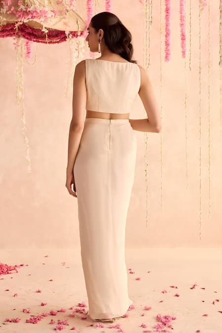 Seema Thukral_Ivory Georgette, Satin Embroidery, Pearls Embellished Blouse And Draped Skirt Set _Online_at_Aza_Fashions