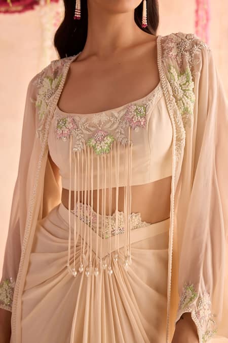 Buy_Seema Thukral_Ivory Georgette, Satin Embroidery, Pearls Embellished Blouse And Draped Skirt Set _Online_at_Aza_Fashions