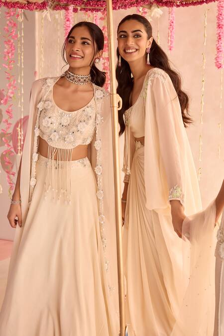 Shop_Seema Thukral_Ivory Georgette, Satin Embroidery, Pearls Embellished Blouse And Draped Skirt Set _Online_at_Aza_Fashions