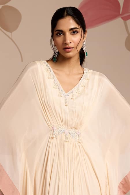 Seema Thukral_Ivory Chiffon, Satin Embroidery V-neck Embellished Draped Kaftan _Online_at_Aza_Fashions