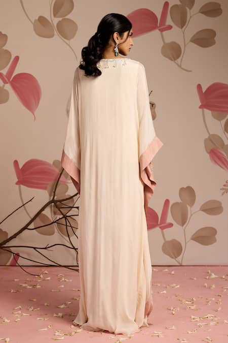 Shop_Seema Thukral_Ivory Chiffon, Satin Embroidery V-neck Embellished Draped Kaftan _at_Aza_Fashions