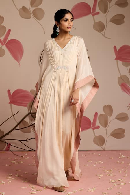 Buy_Seema Thukral_Ivory Chiffon, Satin Embroidery V-neck Embellished Draped Kaftan _Online_at_Aza_Fashions