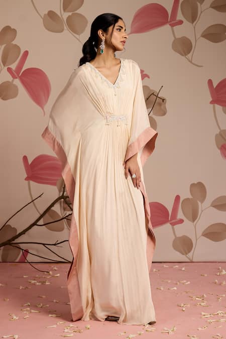 Shop_Seema Thukral_Ivory Chiffon, Satin Embroidery V-neck Embellished Draped Kaftan _Online_at_Aza_Fashions