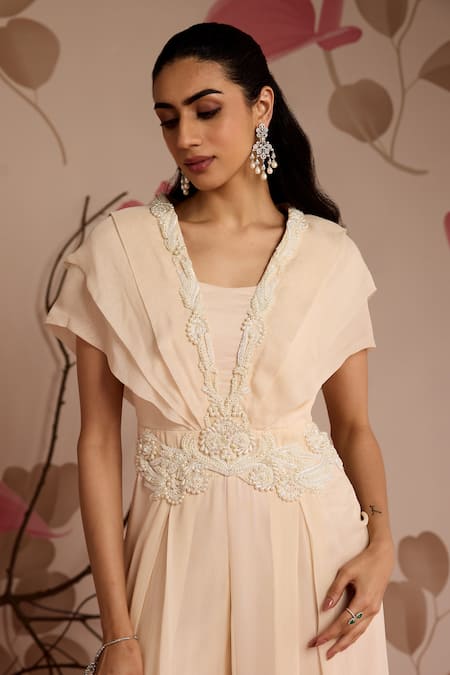 Seema Thukral_Ivory Georgette, Organza Embroidery V-neck Embellished Pleated Jumpsuit _Online_at_Aza_Fashions