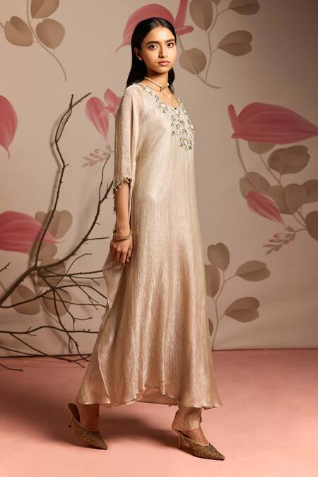 Seema Thukral_Gold Tissue, Silk Embroidery Round Neck Embellished Kaftan And Straight Pants Set _Online_at_Aza_Fashions