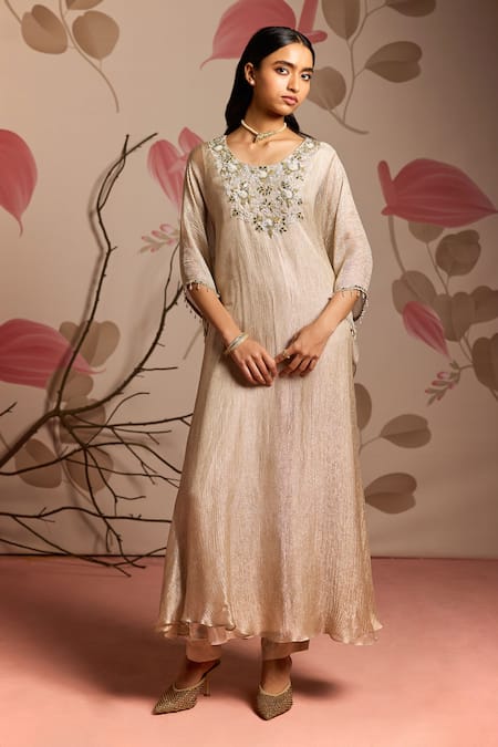 Buy_Seema Thukral_Gold Tissue, Silk Embroidery Round Neck Embellished Kaftan And Straight Pants Set _Online_at_Aza_Fashions