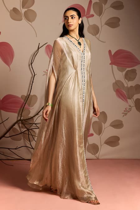 Seema Thukral_Gold Tissue, Satin V-neck Embellished Draped Full Length Kaftan _Online_at_Aza_Fashions