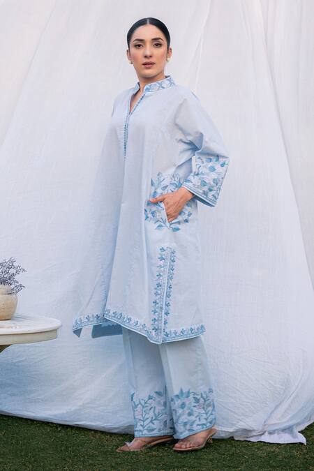 Daljit Sudan_Blue , Handloom Embroidery Collared Ice Kurta Set _at_Aza_Fashions