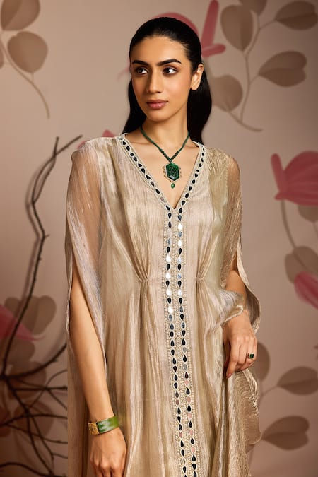 Buy_Seema Thukral_Gold Tissue, Satin V-neck Embellished Draped Full Length Kaftan _Online_at_Aza_Fashions
