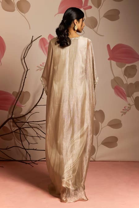 Shop_Seema Thukral_Gold Tissue, Satin Embroidery V-neck Embellished Draped Kaftan _at_Aza_Fashions