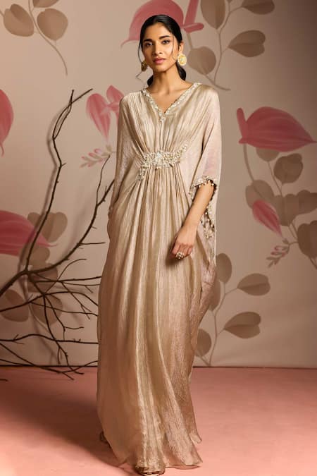 Seema Thukral_Gold Tissue, Satin Embroidery V-neck Embellished Draped Kaftan _Online_at_Aza_Fashions