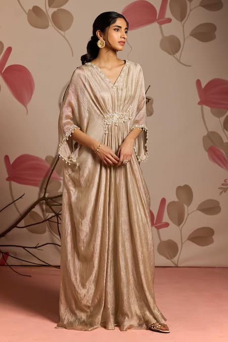 Buy_Seema Thukral_Gold Tissue, Satin Embroidery V-neck Embellished Draped Kaftan _Online_at_Aza_Fashions