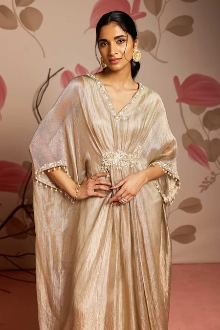 Shop_Seema Thukral_Gold Tissue, Satin Embroidery V-neck Embellished Draped Kaftan _Online_at_Aza_Fashions