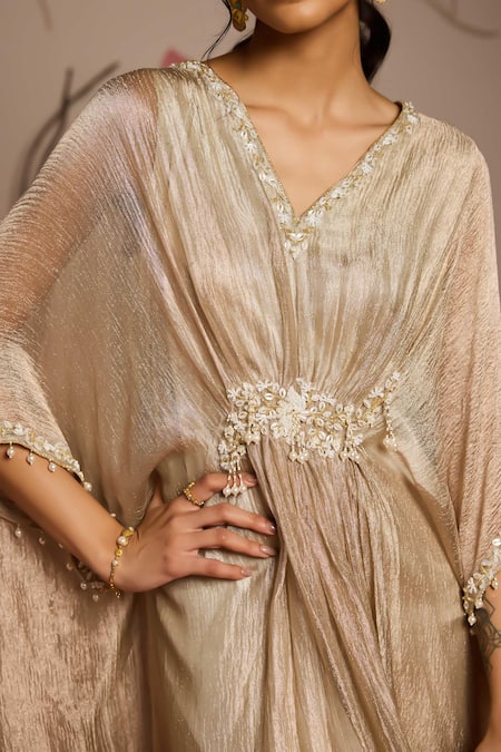 Seema Thukral_Gold Tissue, Satin Embroidery V-neck Embellished Draped Kaftan _at_Aza_Fashions