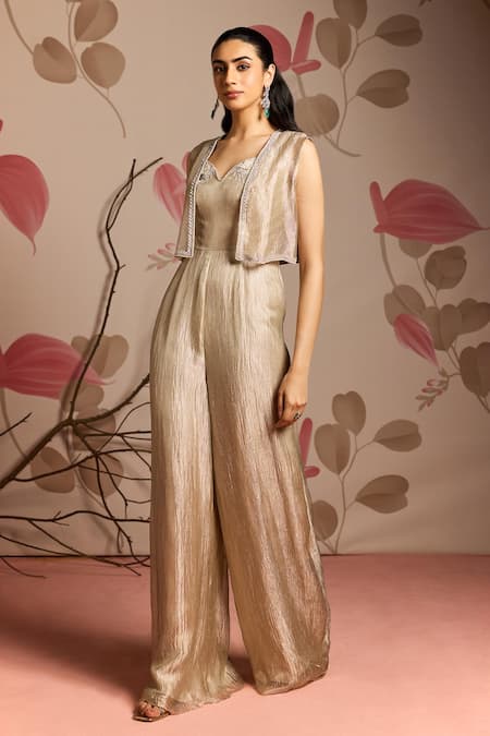 Seema Thukral Gold Tissue, Satin Embroidery Sweetheart Neck, Open Embellished Jumpsuit Set Online at Aza Fashions Seema Thukral_Gold Tissue, Satin Embroidery Sweetheart Neck, Open Embellished Jumpsuit Set _Online_at_Aza_Fashions