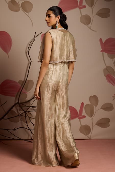 Shop Seema Thukral Gold Tissue, Satin Embroidery Sweetheart Neck, Open Embellished Jumpsuit Set at Aza Fashions Shop_Seema Thukral_Gold Tissue, Satin Embroidery Sweetheart Neck, Open Embellished Jumpsuit Set _at_Aza_Fashions
