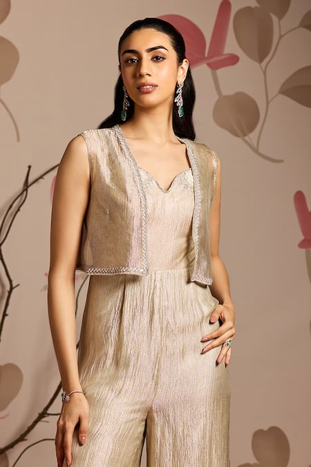Shop Seema Thukral Gold Tissue, Satin Embroidery Sweetheart Neck, Open Embellished Jumpsuit Set Online at Aza Fashions Shop_Seema Thukral_Gold Tissue, Satin Embroidery Sweetheart Neck, Open Embellished Jumpsuit Set _Online_at_Aza_Fashions