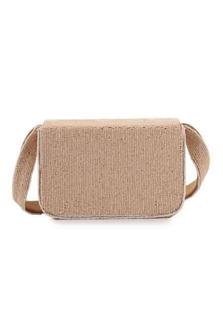 A Clutch Story Beige Blossom Beaded Handbag 