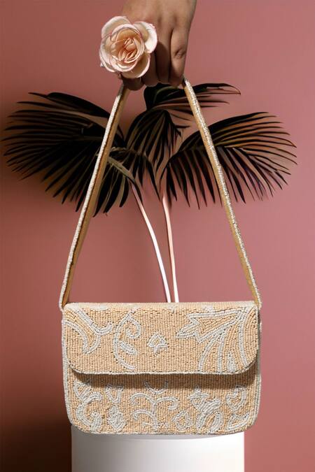 A Clutch Story_Beige Embroidery Blossom Beaded Handbag _Online_at_Aza_Fashions