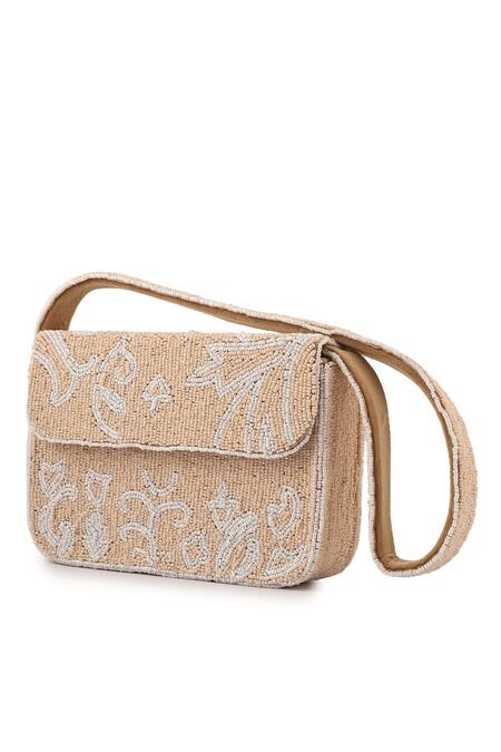 Shop_A Clutch Story_Beige Embroidery Blossom Beaded Handbag _Online_at_Aza_Fashions