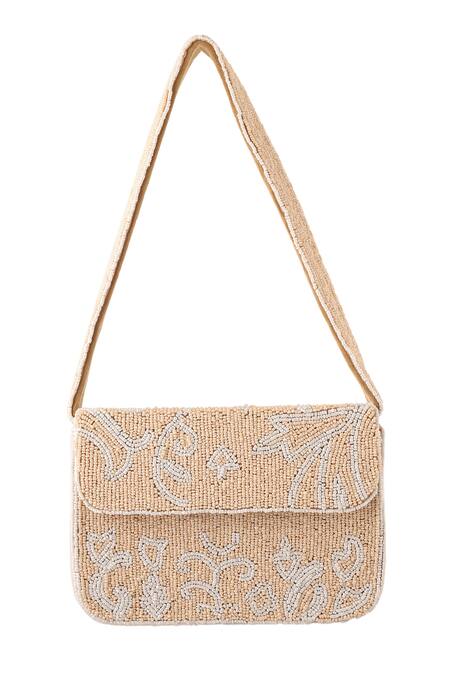 A Clutch Story_Beige Embroidery Blossom Beaded Handbag _at_Aza_Fashions