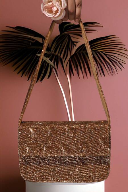 A Clutch Story_Gold Beads Antique Gleam Heart Purse _Online_at_Aza_Fashions