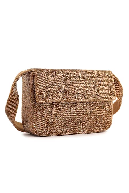 Shop_A Clutch Story_Gold Beads Antique Gleam Heart Purse _Online_at_Aza_Fashions