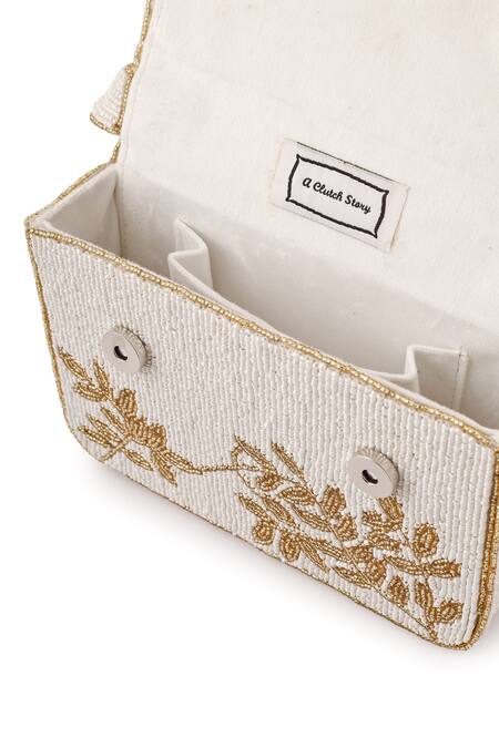 A Clutch Story_Ivory Beads And Gold Gleam Handbag _Online_at_Aza_Fashions