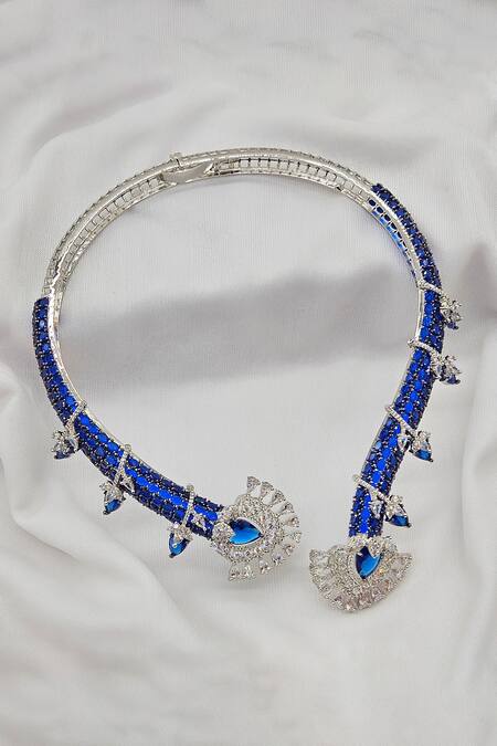 Shop_Kavipushp_Blue Stones, Rhinestones Royal Sapphire Bliss Necklace Set _Online_at_Aza_Fashions