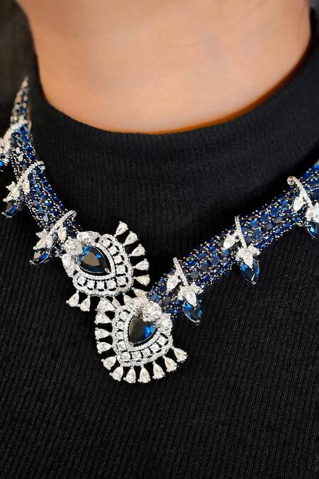 Kavipushp_Blue Stones, Rhinestones Royal Sapphire Bliss Necklace Set _at_Aza_Fashions