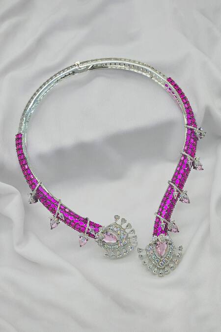 Kavipushp_Pink Rhinestones, Stones Royal Sapphire Necklace Set _Online_at_Aza_Fashions
