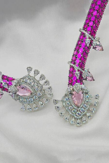 Buy_Kavipushp_Pink Rhinestones, Stones Royal Sapphire Necklace Set _Online_at_Aza_Fashions