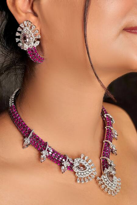 Shop_Kavipushp_Pink Rhinestones, Stones Royal Sapphire Necklace Set _Online_at_Aza_Fashions