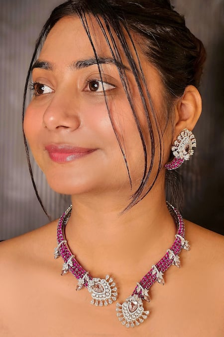 kavipushp Pink Rhinestones, Stones Royal Sapphire Necklace Set 