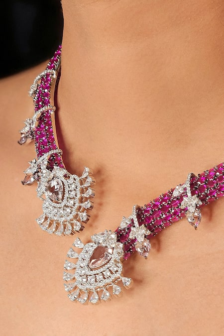 Shop_Kavipushp_Pink Rhinestones, Stones Royal Sapphire Necklace Set 