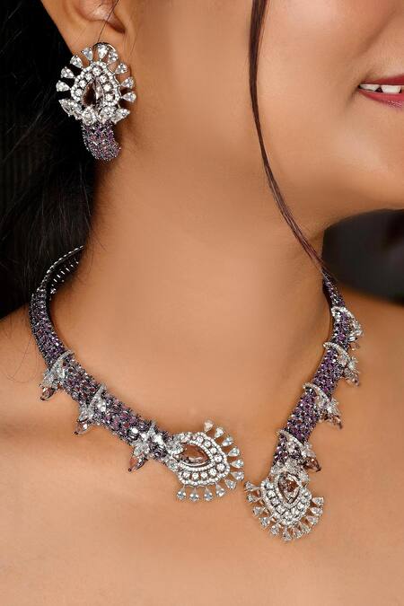 Kavipushp_Purple Rhinestones, Stones Royal Sapphire Bliss Necklace Set _at_Aza_Fashions