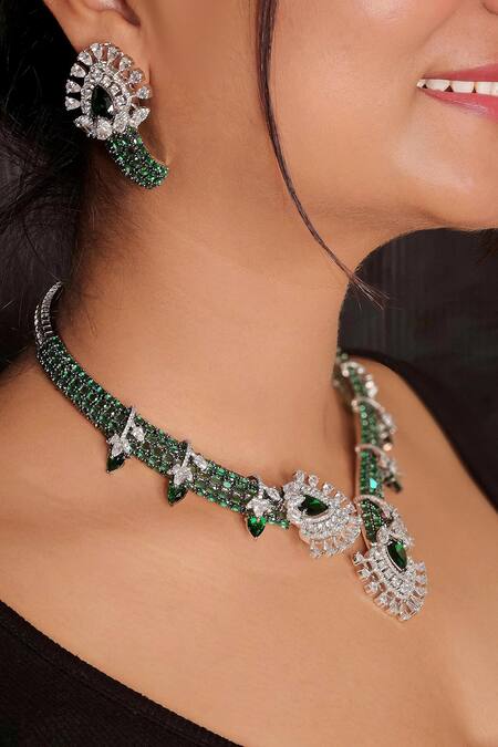 Kavipushp_Green Stones, Crystals Royal Sapphire Bliss Necklace Set _Online_at_Aza_Fashions