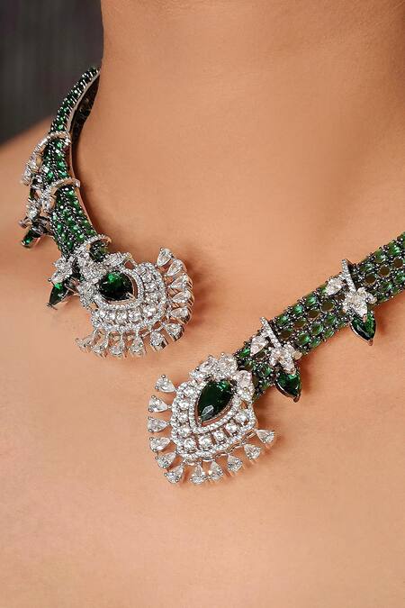 Buy_Kavipushp_Green Stones, Crystals Royal Sapphire Bliss Necklace Set _Online_at_Aza_Fashions