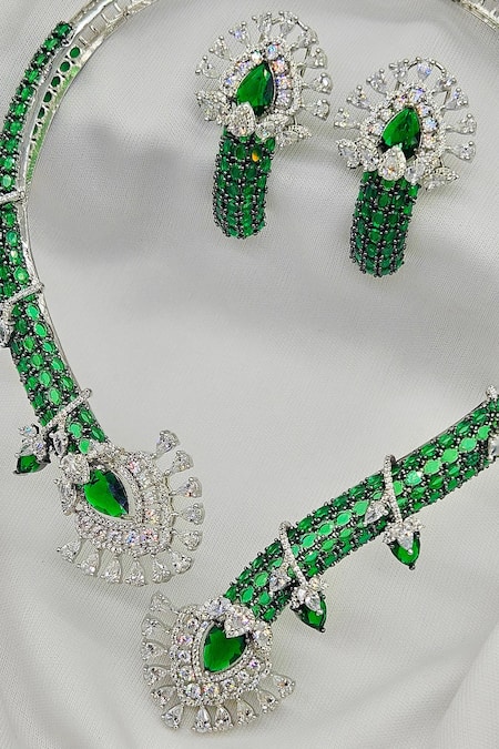 Kavipushp Royal Sapphire Bliss Green Necklace Set 
