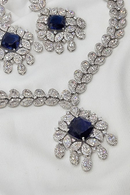 Buy_Kavipushp_Silver Plated Stones Flower Alloy Brass Blue Jewellery Set _Online_at_Aza_Fashions