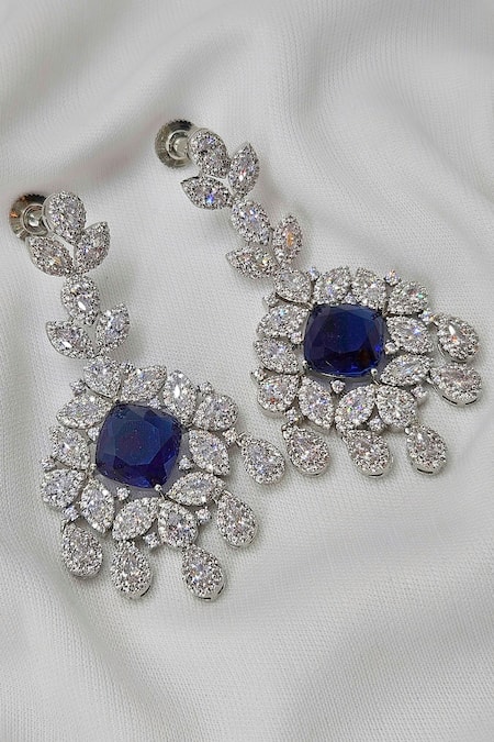 Shop_Kavipushp_Silver Plated Stones Flower Alloy Brass Blue Jewellery Set _Online_at_Aza_Fashions
