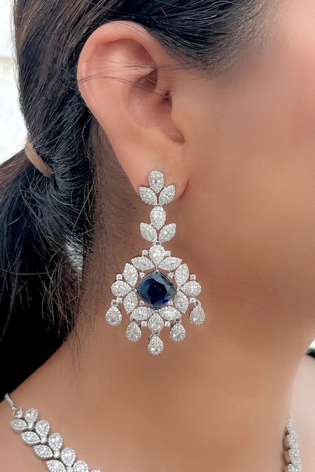 Kavipushp_Silver Plated Stones Flower Alloy Brass Blue Jewellery Set _at_Aza_Fashions